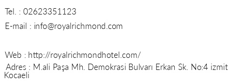 Royal Richmond Hotel telefon numaralar, faks, e-mail, posta adresi ve iletiim bilgileri